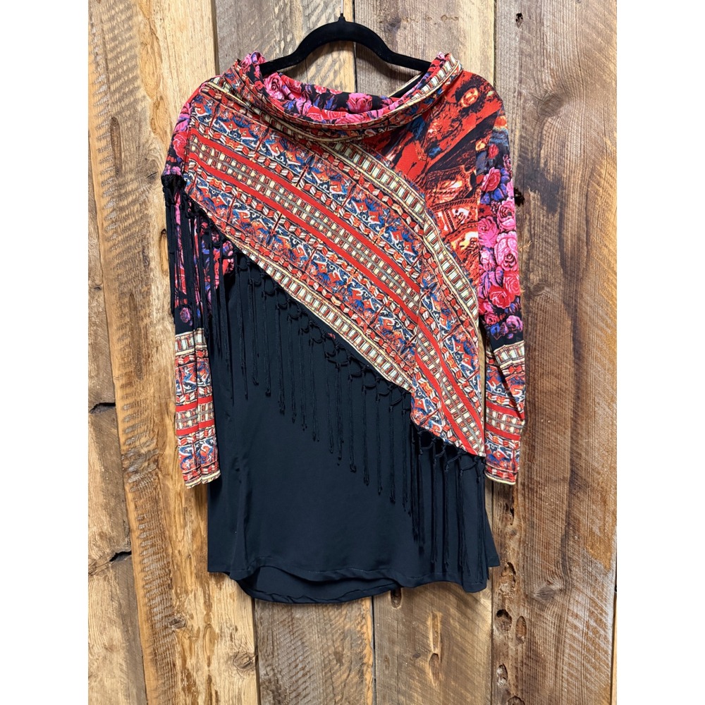 Boho Womans‎ L Western Cottagecore Indie Layered Fringe Red Black Cowl Neck